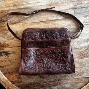Vintage Brown Leather Hand Tooled Crossbody Bag
